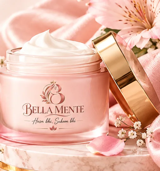 A Bella Mente branded cream jar with pink flowers