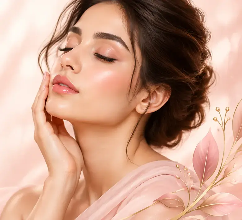 A smiling woman with eyes closed, touching her cheek