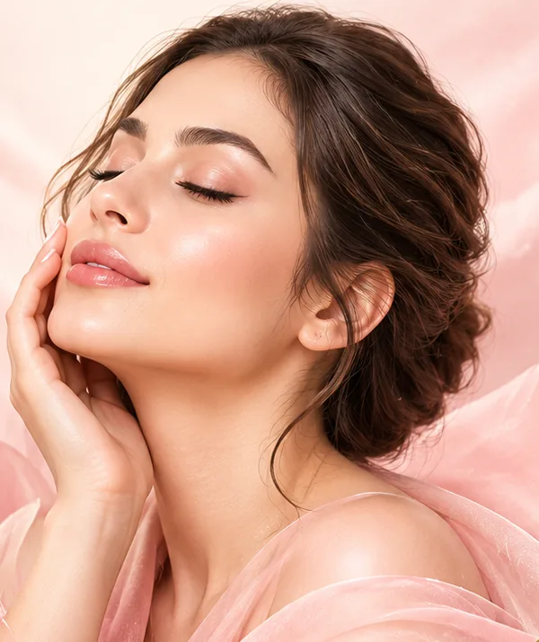 A woman with closed eyes, calm and relaxed, in soft pink light